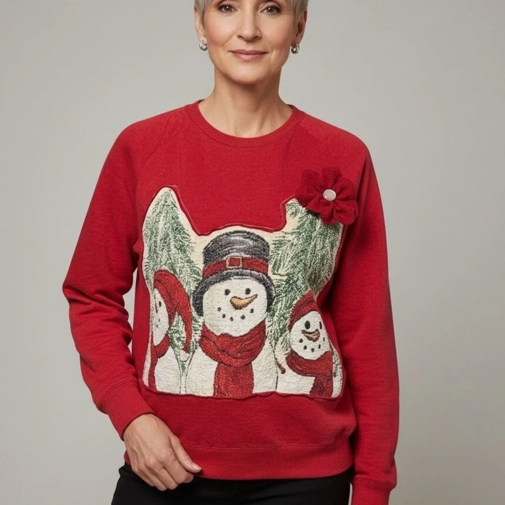 Upcycled Snowman Sweatshirt with Floral Detail - Picture 1 of 12